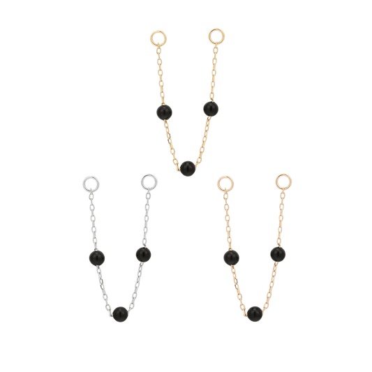 3 BEAD BLACK AGATE CHAIN - SOLID 14KT GOLD piercing-zone.com