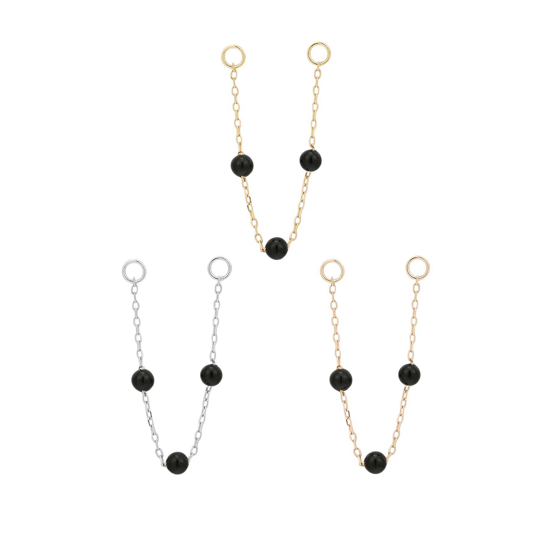 3 BEAD BLACK AGATE CHAIN - SOLID 14KT GOLD piercing-zone.com