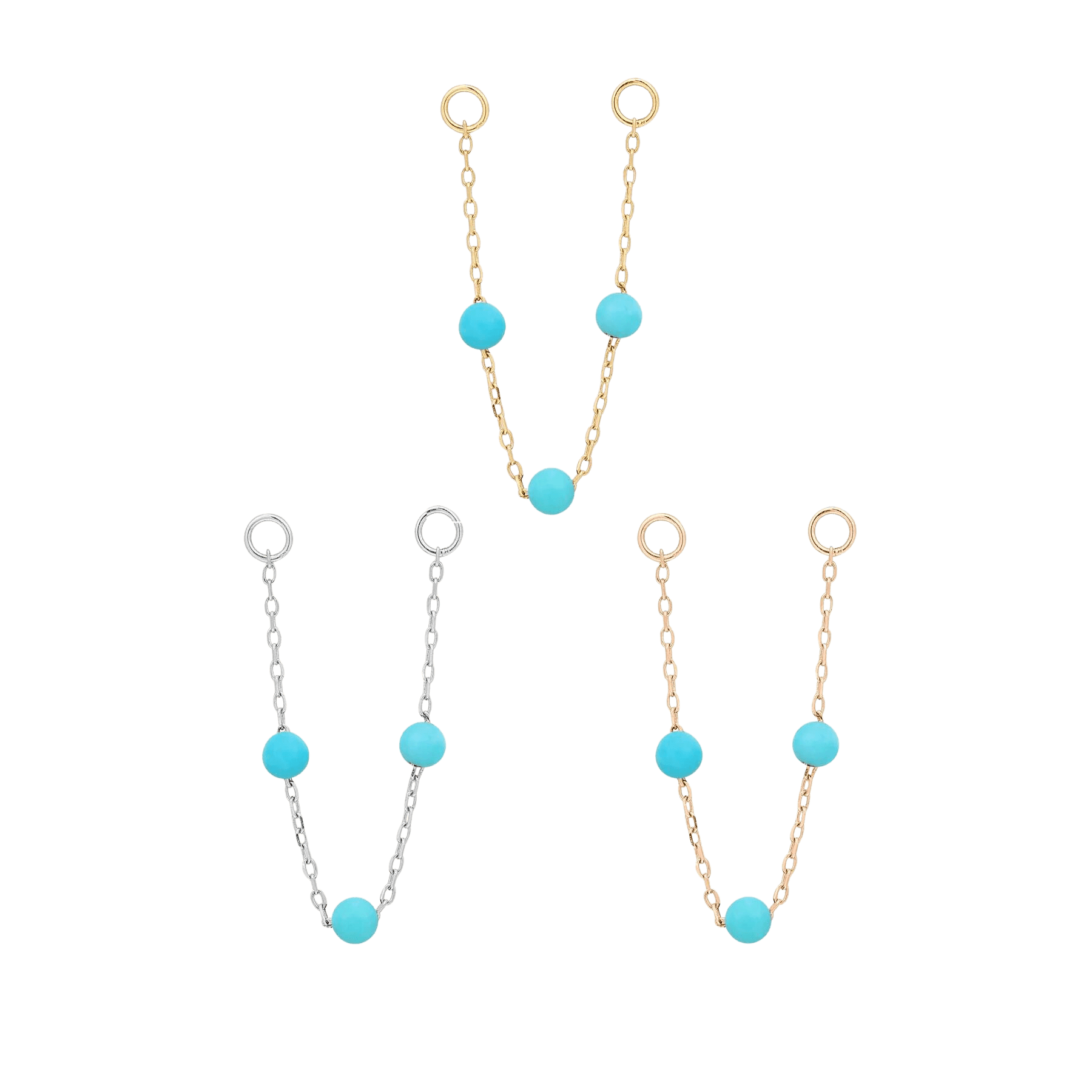 3 BEAD TURQUOISE CHAIN - SOLID 14KT GOLD piercing-zone.com