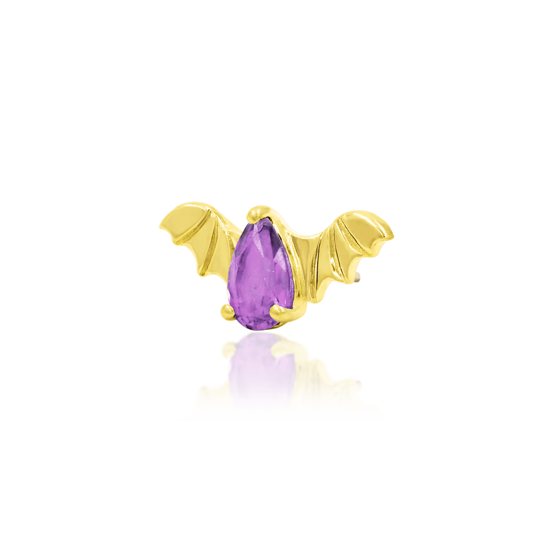 BAT WITH AMETHYST CZ 14K GOLD - THREADLESS END